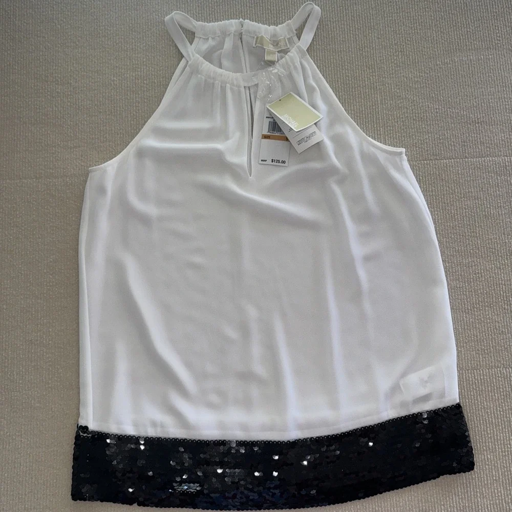 Michael‎ Kors Halter Top Women Small White Black Sequin Hem MH64L367R3 New